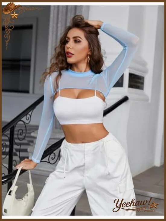 Long Sleeve Mesh Crop Top Mock Neck Slim Fit See Through Clubwear - Picture 5 of 7